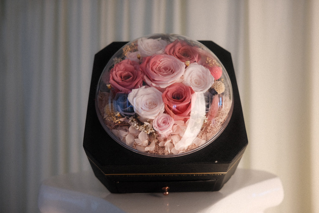 A preserved flower arrangement in a clear dome display resting on a black octagonal box, set against a soft cream curtain background.