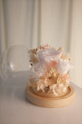 A dried floral arrangement featuring pale pink and white roses with beige filler flowers, displayed on a round light wood base. A clear glass dome lid rests behind the arrangement on a soft neutral surface.